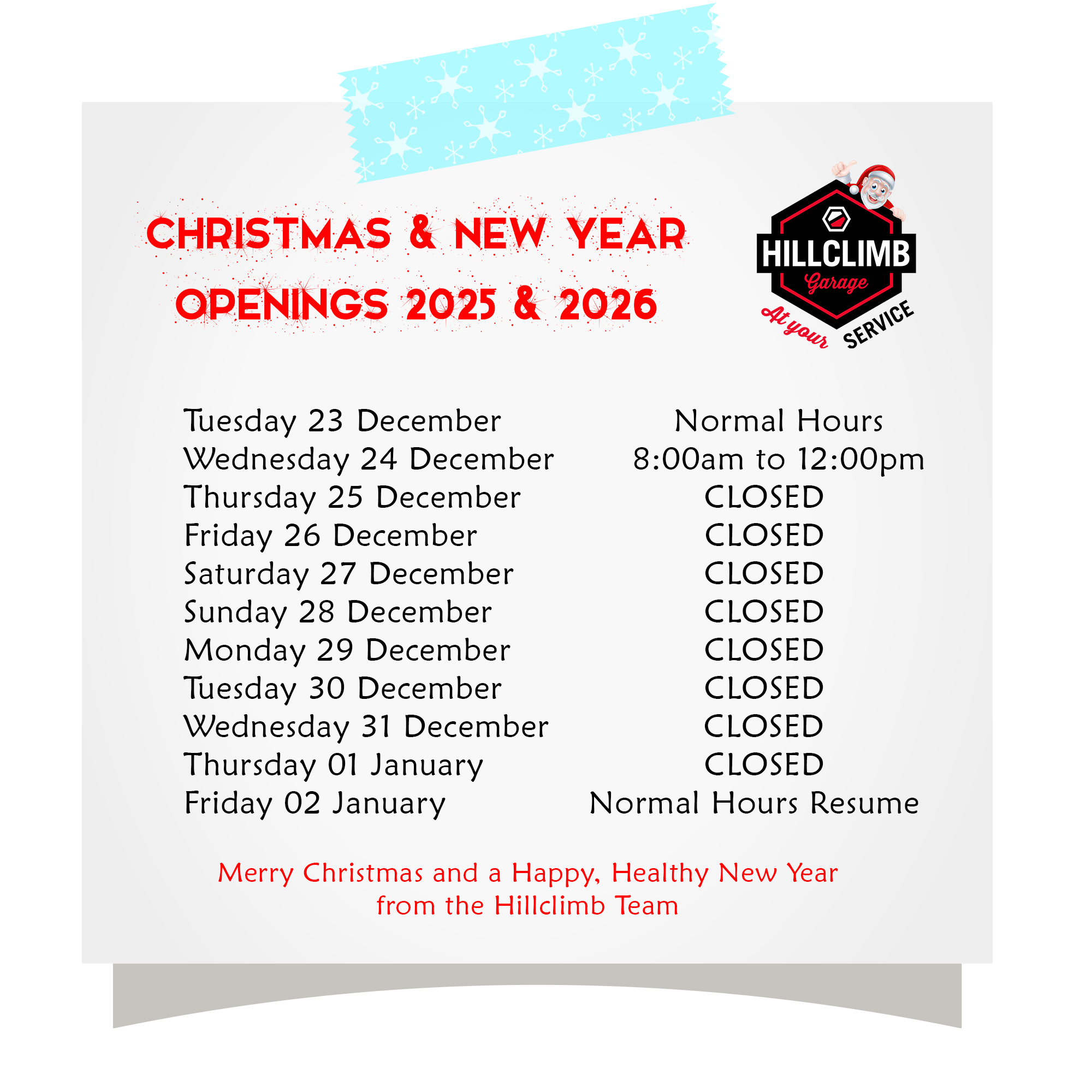 Christmas Opening Hours 2026